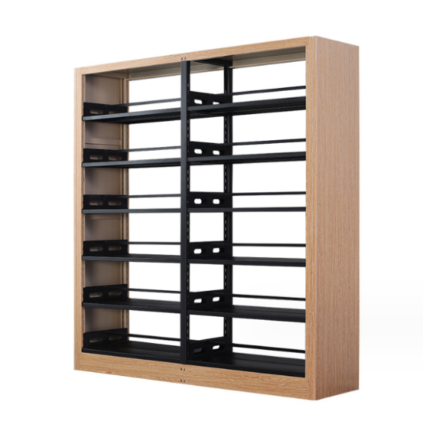 This modern wooden bookshelf with a wrought iron frame is suitable for libraries and homes