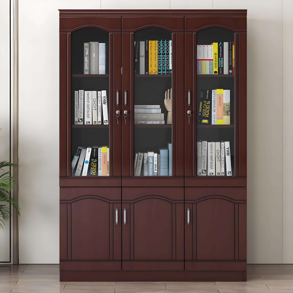 Walnut Floor-Standing Office Storage Data Cabinet with Locking Glass Door