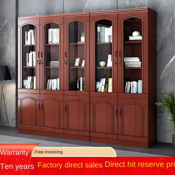 Walnut Floor-Standing Office Storage Data Cabinet with Locking Glass Door