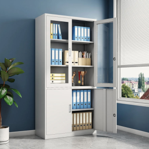 Modern four door metal bookcase with adjustable shelves filing cabinet