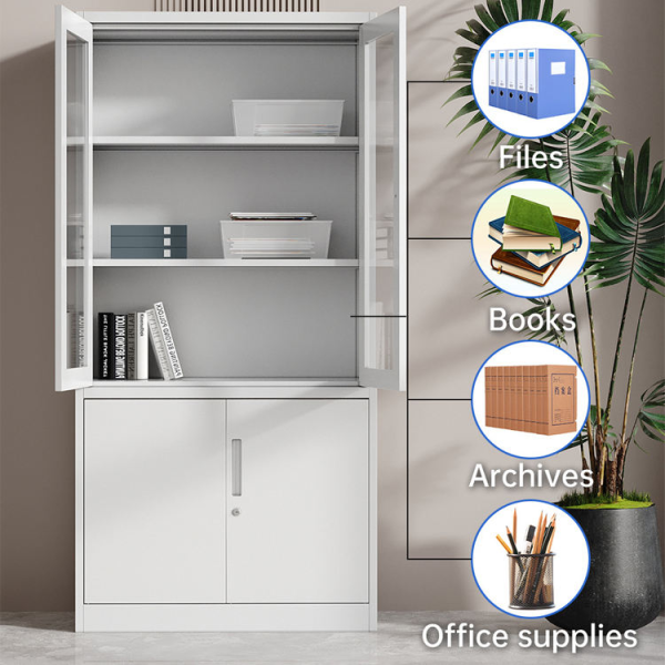 Modern four door metal bookcase with adjustable shelves filing cabinet