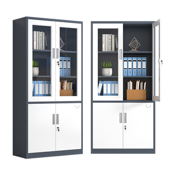 Modern four door metal bookcase with adjustable shelves filing cabinet