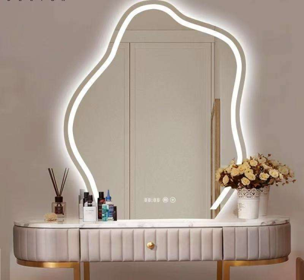 Modern touch switch asymmetrical irregular LED wall mirror anti-fog