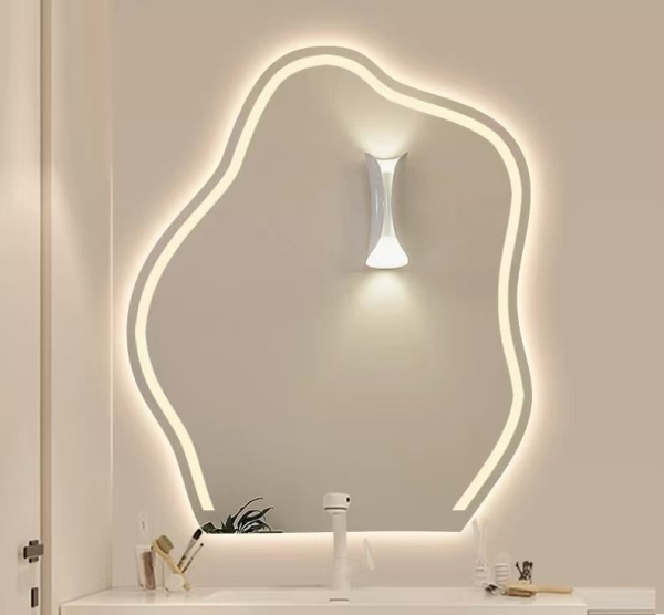 Modern touch switch asymmetrical irregular LED wall mirror anti-fog
