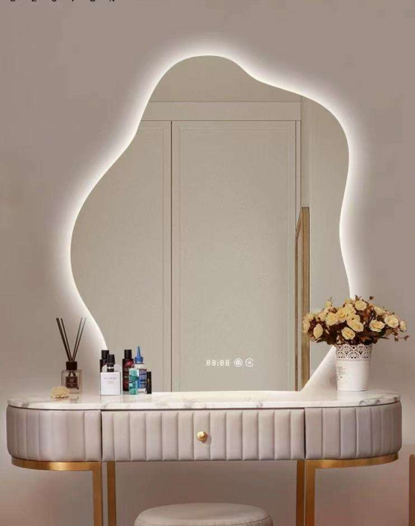 Modern touch switch asymmetrical irregular LED wall mirror anti-fog