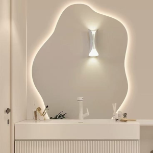 Modern touch switch asymmetrical irregular LED wall mirror anti-fog