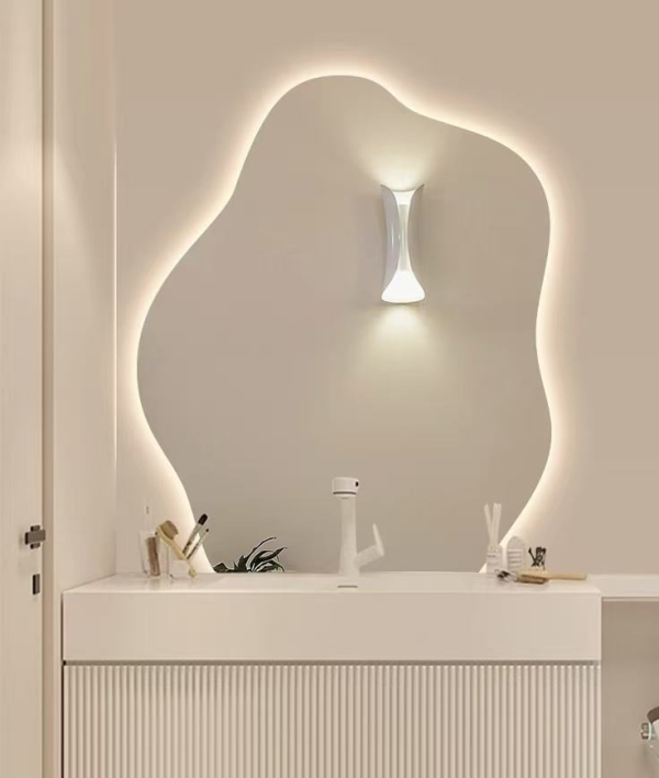 Modern touch switch asymmetrical irregular LED wall mirror anti-fog
