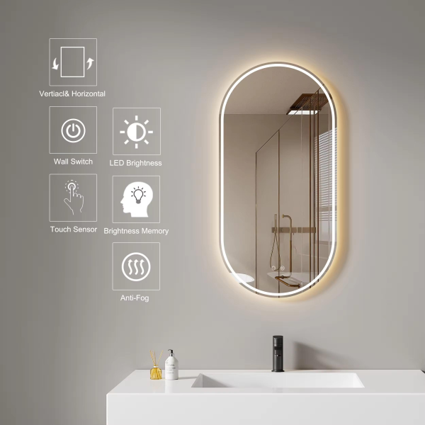 Modern Frameless LED Oval Bathroom Mirror Smart Touch Sensor Switch