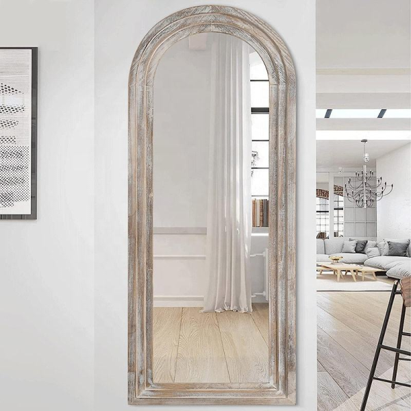 Rustic Weathered Wood Arched Full Length Mirror Rectangular Full Body Standing Floor Mirror