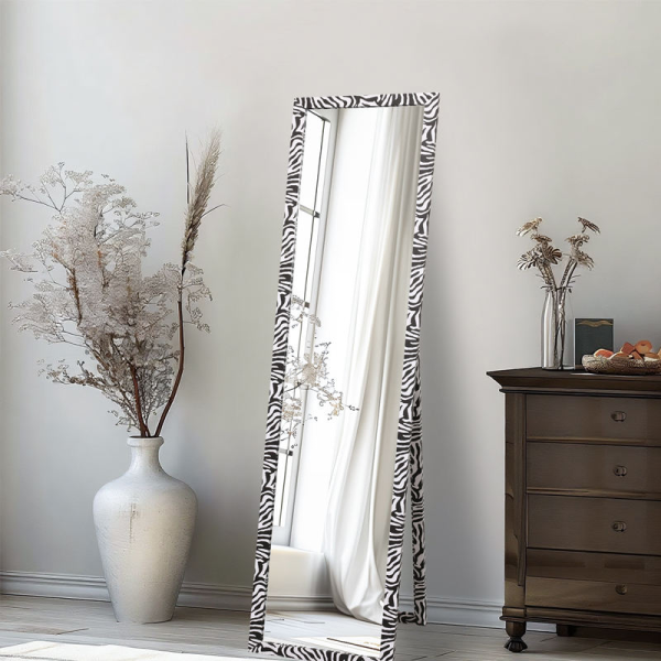Floor Standing MDF Mirror Zebra Patterned Door Hanging Mirror for Bedroom