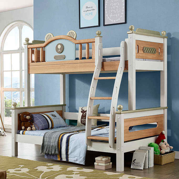 Modern eco-friendly wooden double bed with slide children's bedroom furniture for families
