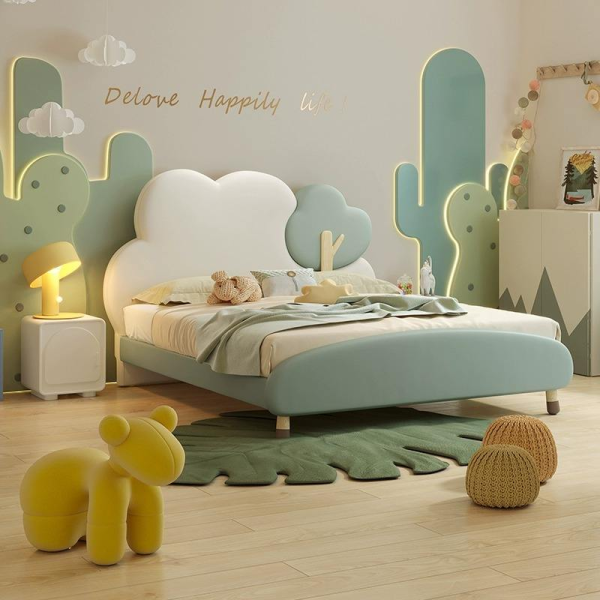 Solid Wood Single Kids Bed with Cloud Design Lovely Bedroom Furniture Leather Upholstered Frame and Backrest