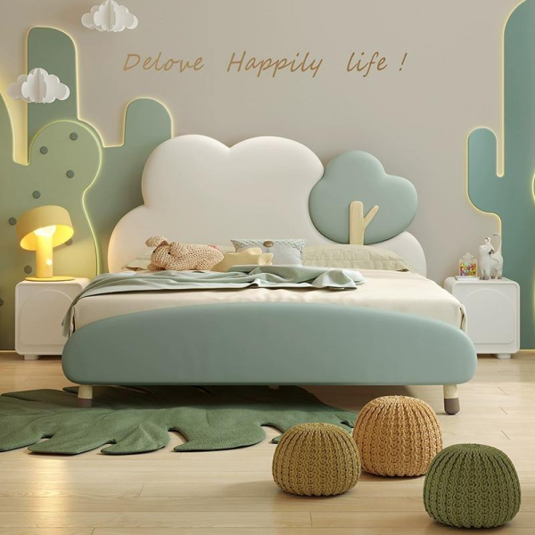Solid Wood Single Kids Bed with Cloud Design Lovely Bedroom Furniture Leather Upholstered Frame and Backrest