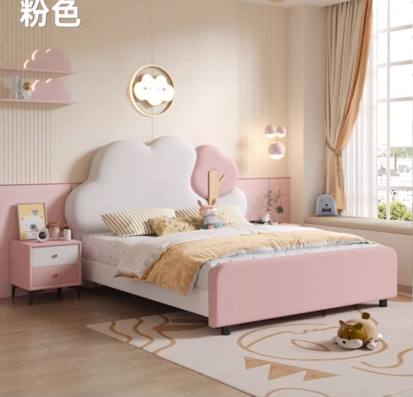 Solid Wood Single Kids Bed with Cloud Design Lovely Bedroom Furniture Leather Upholstered Frame and Backrest