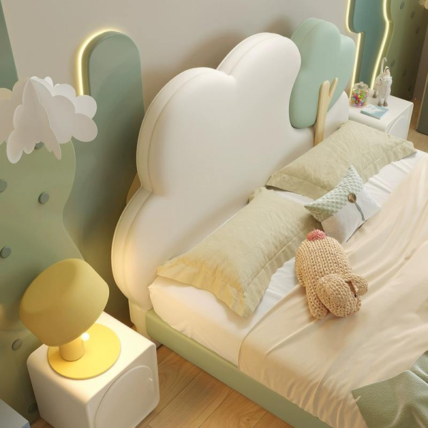 Solid Wood Single Kids Bed with Cloud Design Lovely Bedroom Furniture Leather Upholstered Frame and Backrest