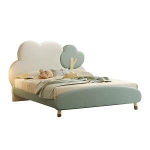 Solid Wood Single Kids Bed with Cloud Design Lovely Bedroom Furniture Leather Upholstered Frame and Backrest