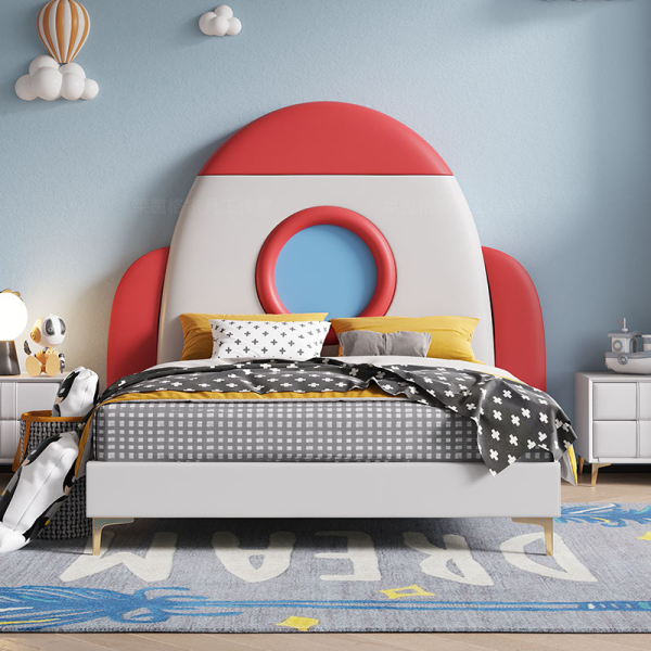 Solid Wood Frame Rocket Leather Bed Unique 1.2 1.5m Cartoon Cute Furniture for Kids