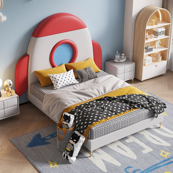 Solid Wood Frame Rocket Leather Bed Unique 1.2 1.5m Cartoon Cute Furniture for Kids
