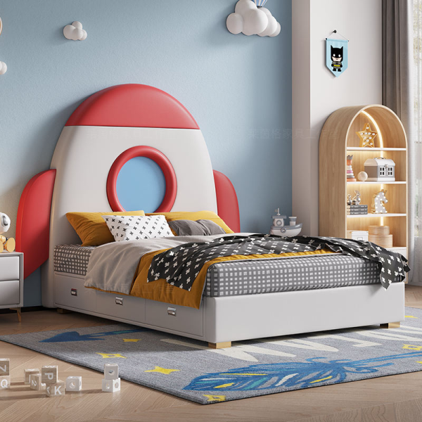 Solid Wood Frame Rocket Leather Bed Unique 1.2 1.5m Cartoon Cute Furniture for Kids