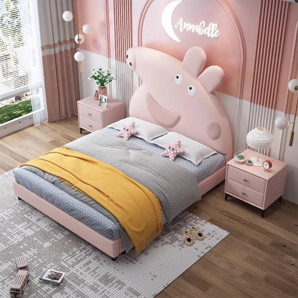 Contemporary Pink Princess Pig Design Double Bed for Children Wood Double Decker Bed