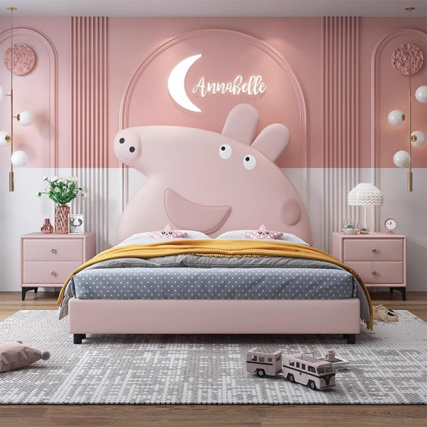 Contemporary Pink Princess Pig Design Double Bed for Children Wood Double Decker Bed