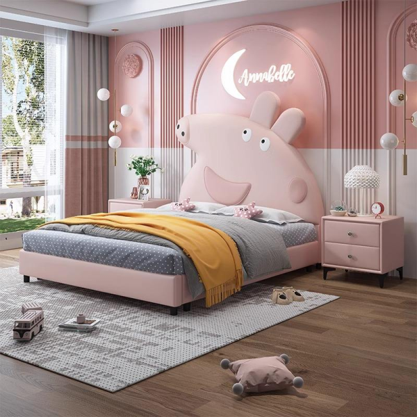 Contemporary Pink Princess Pig Design Double Bed for Children Wood Double Decker Bed