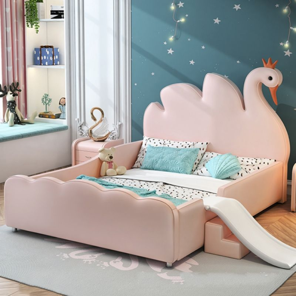 Solid Wood Kids Bed Swan Slide Cartoon Design Single Twin for Boys Girls for Bedroom