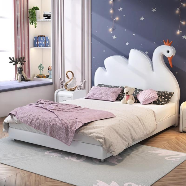 Solid Wood Kids Bed Swan Slide Cartoon Design Single Twin for Boys Girls for Bedroom