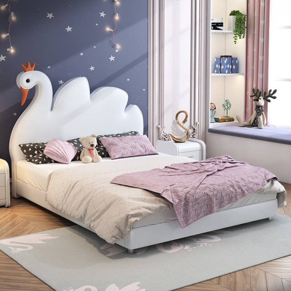 Solid Wood Kids Bed Swan Slide Cartoon Design Single Twin for Boys Girls for Bedroom