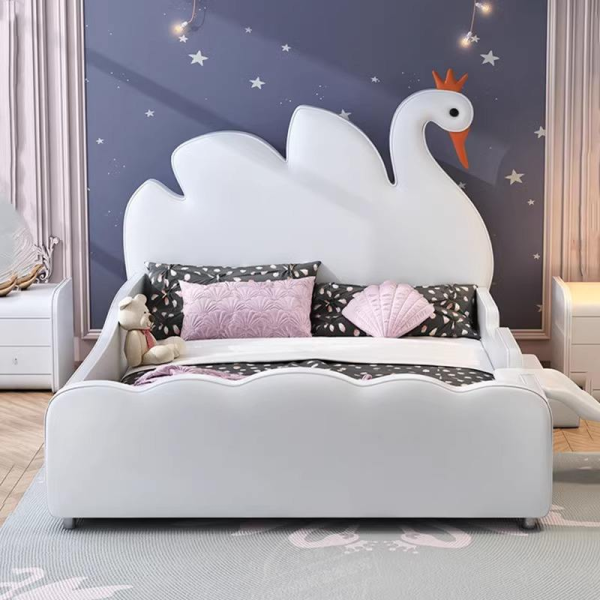 Solid Wood Kids Bed Swan Slide Cartoon Design Single Twin for Boys Girls for Bedroom