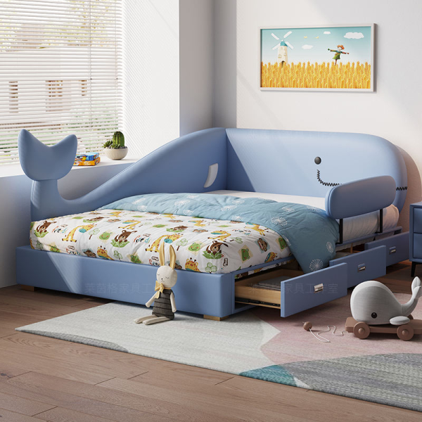 Modern Single Bed Cartoon Whale Design Guardrails Princess Style Kids Bed for Boys Girls