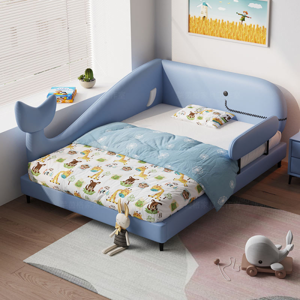 Modern Single Bed Cartoon Whale Design Guardrails Princess Style Kids Bed for Boys Girls
