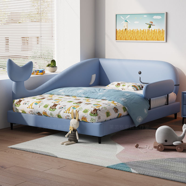 Modern Single Bed Cartoon Whale Design Guardrails Princess Style Kids Bed for Boys Girls